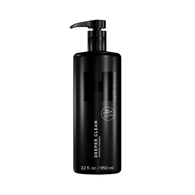 A black bottle of deep clean intensive shampoo labeled with "hotheads".