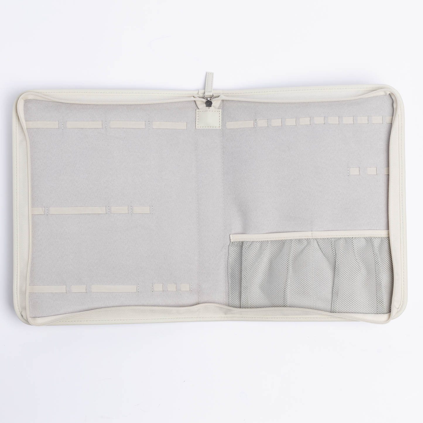 A white zipper case featuring a main zipper and an additional zipper pocket for extra storage.
