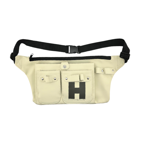 A sleek white fanny bag showcasing the letter 'H' in a bold design on the front.