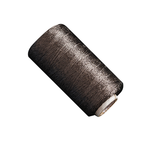 A black spool of thread on a white background for sewing hair extensions.