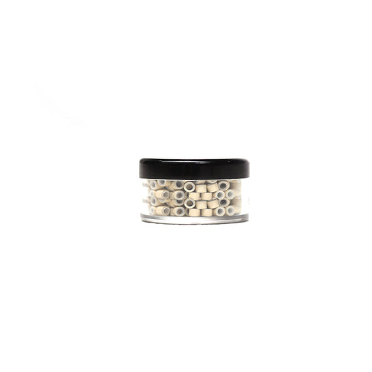 A jar containing 250 small white beads for beaded extensions, each measuring 5 mm, against a white background.