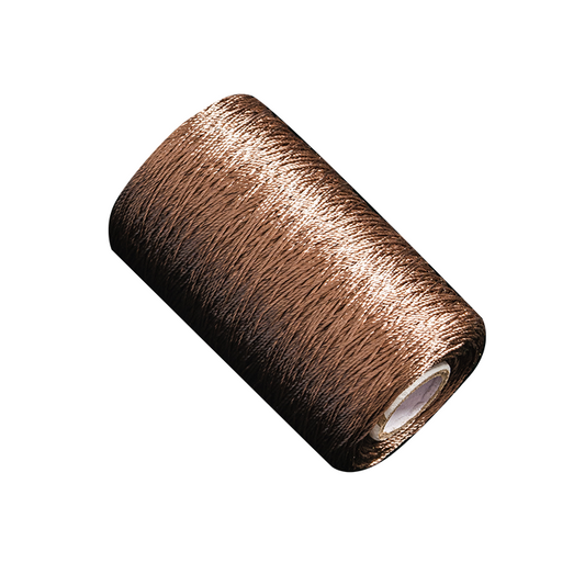 A spool of dark brown thread is positioned on a clean white background, showcasing its rich color and texture.