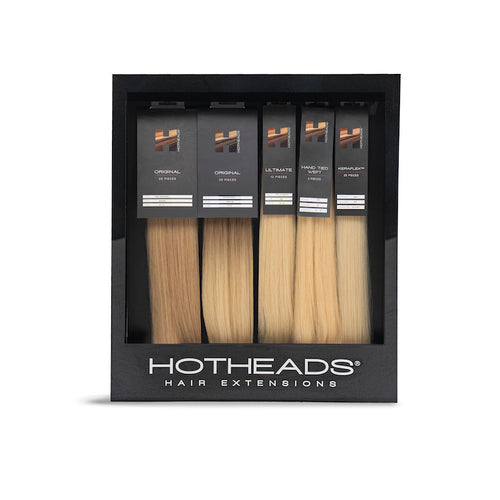 A neatly packaged Hotheads hair extension kit displayed in a box.