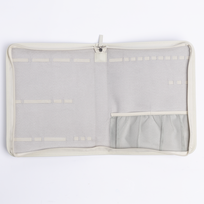 A white zipper case featuring a main zipper and an additional zipper pocket for extra storage.